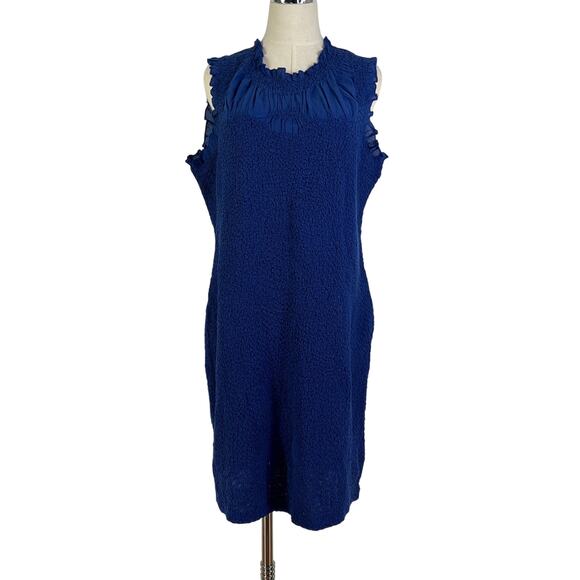 By Anthropologie Mock-Neck Textured Smocked Stretch Dress Blue Mini - Picture 2 of 10